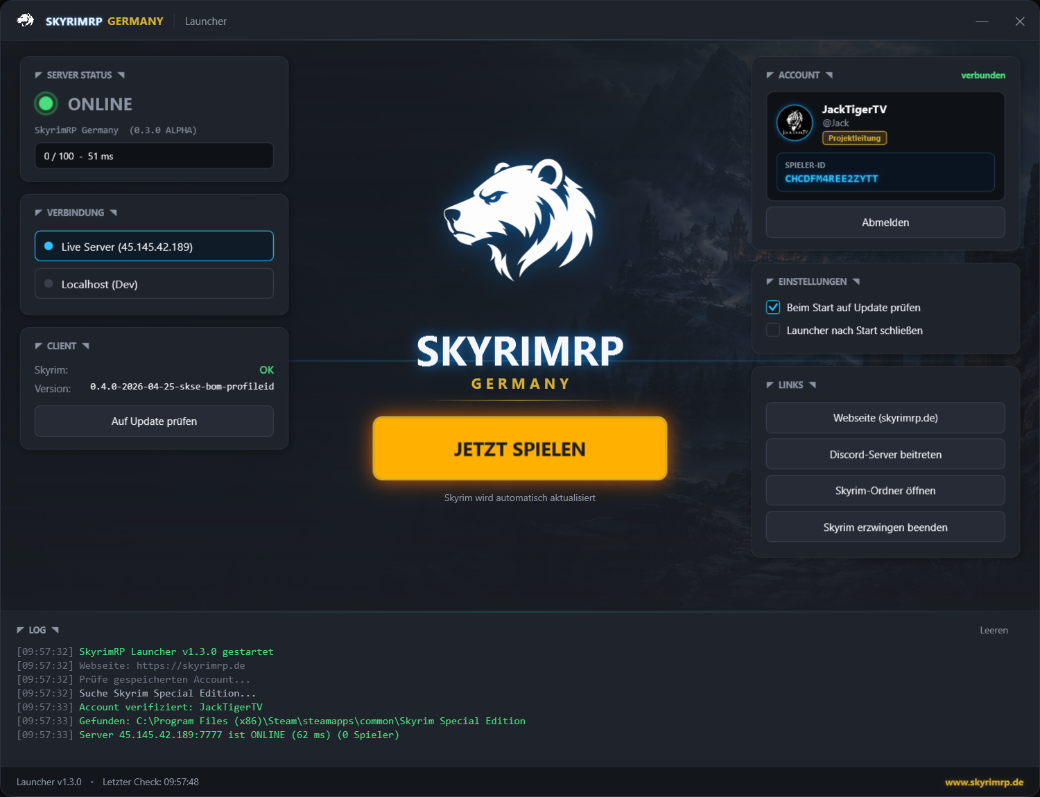 Screenshot des SkyrimRP Launchers mit Server-Status, Account-Info und 'Jetzt spielen' Button